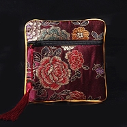 Square Chinese Style Cloth Tassel Bags, with Zipper, for Bracelet, Necklace, Dark Red, 11.5x11.5cm(PW-WG62144-19)