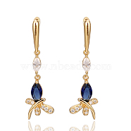 Real 18K Gold Plated Brass Cubic Zirconia Dragonfly Hoop Earrings, Royal Blue, 43x14mm(EJEW-EE0001-242B-03)