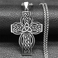 Viking 304 Stainless Steel Black Enamel Box Chain Trinity Knot Cross Pendant Necklaces for Men, Stainless Steel Color, 19.49 inch(49.5cm)(NJEW-S003-07P)