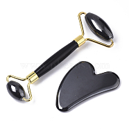 Magnetic Synthetic Hematite Facial Roller & Heart Shape Gua Sha, Facial Beauty Roller Skin Care Tools, with Light Gold Plated Brass Findings, Facial Rollers: 14.6x6.1x 2cm, Gua Sha: 8.1~8.4x5.8~6x0.7~0.8mm(G-N0324-12)