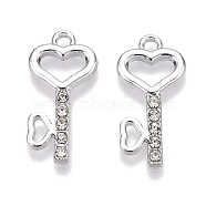 Rack Plating Alloy Pendants, with Rhinestone, Heart Key, Platinum, 21.5x10.5x1.5mm, Hole: 1.6mm(FIND-N005-32P)