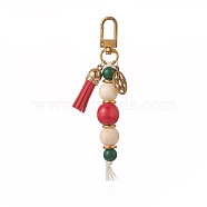 Wooden Beaded Tassel Pendant Decoration, with Alloy Swivel Clasps and Flat Round with Star Charms, Mixed Color, 113mm, Hole: 10x7mm(HJEW-JM00951)