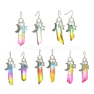 Dyed Natural Quartz Crystal Bullet Dangle Earrings, Moon & Star Alloy Long Drop Earrings, Mixed Color, 50~65x5~12mm(EJEW-JE05521)