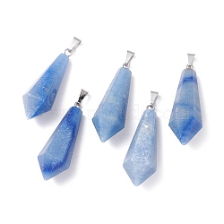 Dyed & Heated Natural Blue Aventurine Pointed Pendants, with Platinum Plated Brass Loops, Bullet, 35.3~38x13~14mm, Hole: 6.5x2.8mm(G-I314-02P-14)