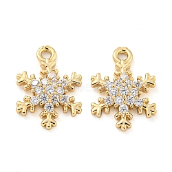 Brass Micro Pave Clear Cubic Zirconia Pendants, Snowflake, Light Gold, 14.5x10.5x3mm, Hole: 1.4mm(FIND-Z044-09KCG)