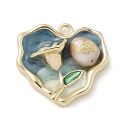 Brass Enamel Pendants, Heart with Flower Charms, with ABS Imitation Pearl, Turquoise, 19x20x6.5mm, Hole: 1.6mm(KK-M308-05G-01)