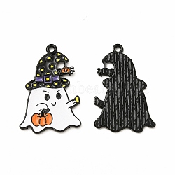 Rack Plating Alloy Enamel Pendants, Cadmium Free & Nickel Free & Lead Free, Halloween Theme, Ghost with Hat & Pumpkin Pattern Charm, Electrophoresis Black, Black, 25.5x17x1mm, Hole: 1.4mm(X-FIND-G054-14EB-02)