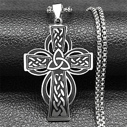 Viking 304 Stainless Steel Black Enamel Box Chain Trinity Knot Cross Pendant Necklaces for Men, Stainless Steel Color, 19.49 inch(49.5cm)(NJEW-S003-07P)