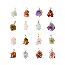 16Pcs Rough Raw Natural Mixed Stone Pendants, with Real 18K Gold Plated Eco-Friendly Copper Wire Wrapped, Nuggets Charm, 24~30x17~21x12~16mm, Hole: 1.8~3mm(FIND-HY0001-31)