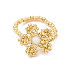 Round Seed Beads with Gemstone Beads Rings, Flower, Gold, Inner Diameter: 27mm(RJEW-MZ00015-01)