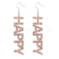 Bling Acrylic Word Happy Dangle Earrings, Platinum Plated Iron Feminism Jewelry for Women, Colorful, 87x17x2.5mm(GIPO-PW0001-017G)