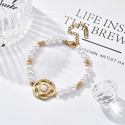 Ion Plating(IP) 304 Stainless Steel Link Bracelets for Women, with Plastic Pearl, Flower, Real 18K Gold Plated, 6-3/4 inch(17.1cm)(BJEW-P345-07G)