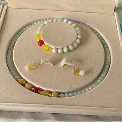 Natural Jadeite Round Beaded Necklaces & Beaded Bracelets & Dangle Earrings Sets, 18.70~19.69 inch(475~500mm)(WGE6446-06)