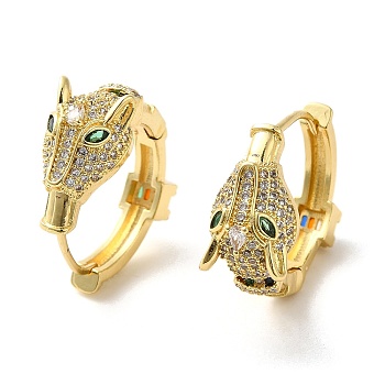 Leopard Head Brass Hoop Earrings, with Cubic Zirconia, Real 18K Gold Plated, 21.5x28.5x10mm