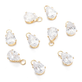 Brass Clear Cubic Zirconia Charms, Long-Lasting Plated, Teardrop, Real 18k Gold Plated, 10.5x6x5mm, Hole: 2mm