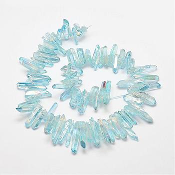 Electroplated Natural Quartz Crystal Beads Strands, Dyed, Nuggets, Light Cyan, 2~7x13~38x2.5~7mm, Hole: 1mm, about 83~92pcs/strand, 15.2 inch~15.8  inch