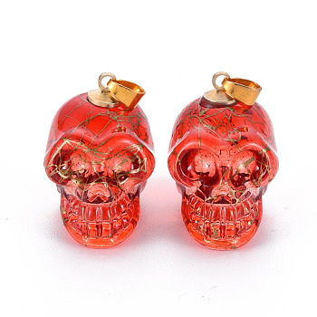 Electroplate K9 Glass Pendants, with Golden Plated Brass Bails, Drawbench, Skull, Halloween, Red, 25x26~27x19mm, Hole: 5x3mm