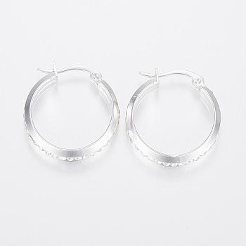 304 Stainless Steel Hoop Earrings, with Rhinestone, Silver Color Plated, 24.5x23x6mm, Pin: 1x0.8mm