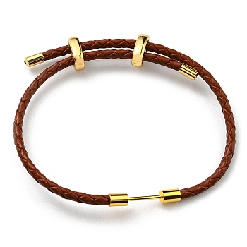 Brass Column Bar Link Bracelet with Leather Cords, Adjustable Bracelet for Women, Saddle Brown, Inner Diameter: 5/8~3 inch(1.6~7.5cm)