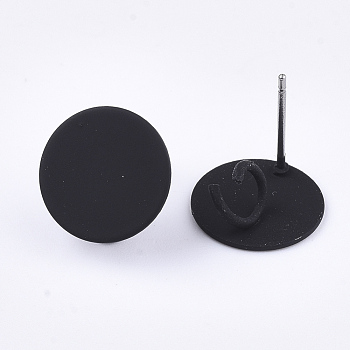 Spray Painted Iron Stud Earring Findings, with Steel Pins and Loop, Flat Round, Black, 12mm, Hole: 4mm, Pin: 0.7mm