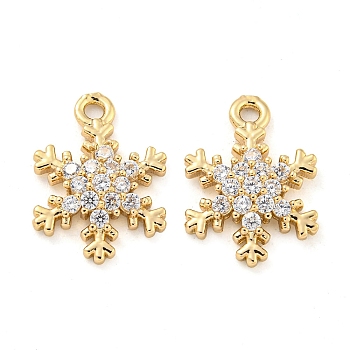 Brass Micro Pave Clear Cubic Zirconia Pendants, Snowflake, Light Gold, 14.5x10.5x3mm, Hole: 1.4mm