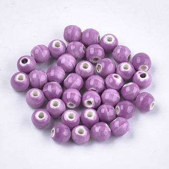 Handmade Porcelain Beads, Bright Glazed Porcelain Style, Round, Medium Orchid, 7.5~8x7~7.5mm, Hole: 2~2.5mm