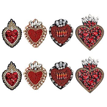 8Pcs 4 Style Sacred Heart Glass Rhinestone Appliques, Sew on Felt Patches, Costume Ornament Accessories, Mixed Color, 61.5~79x43~64x5.5~7mm, 2pcs/style