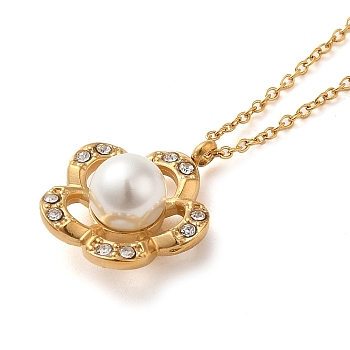 Flower Vacuum Plating 304 Stainless Steel Pendant Necklaces, with Rhinestone & Plastic Pearl, Golden, 16.34 inch(41.5cm)