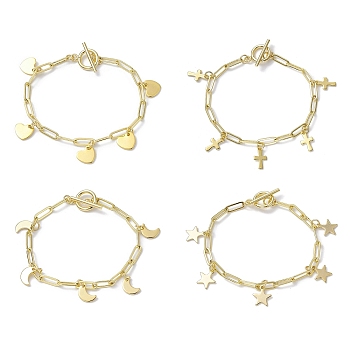 Golden 304 Stainless Steel Charm Bracelets with Brass Paperclip Chains, Mixed Shapes, 7-1/2~7-5/8 inch(19.2~19.3cm)