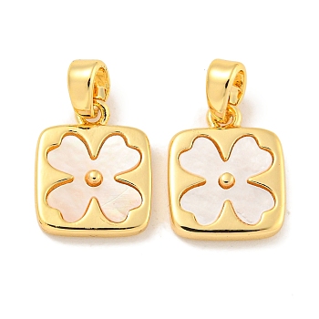 Natural Shell & Brass Square with Flower Charms with Snap on Bails, Real 18K Gold Plated, 13x10x3mm, Hole: 4x2mm