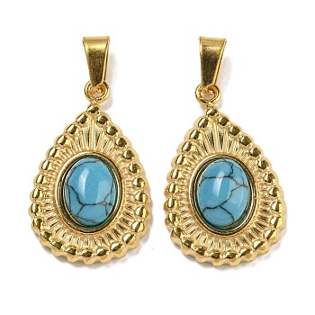 Ion Plating(IP) 304 Stainless Steel Pave Synthetic Turquoise Pendants, Teardrop Charms, Golden, 22x14x5mm, Hole: 5x3mm