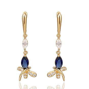 Real 18K Gold Plated Brass Cubic Zirconia Dragonfly Hoop Earrings, Royal Blue, 43x14mm