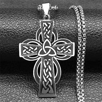 Viking 304 Stainless Steel Black Enamel Box Chain Trinity Knot Cross Pendant Necklaces for Men, Stainless Steel Color, 19.49 inch(49.5cm)