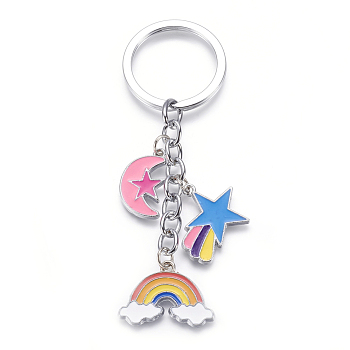 Zinc Alloy Keychain, with Enamel, Iron Key Ring and Iron Chains, Rainbow, Star, Moon and Cloud, Platinum, Colorful, 104mm