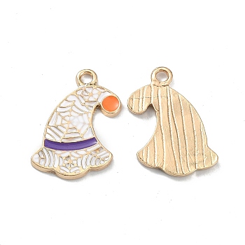 Halloween Light Gold Tone Alloy Enamel Pendants, Hat with Spider Web Charm, White, 21x13.5x1.5mm, Hole: 2mm