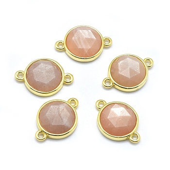 Natural Sunstone Links connectors, with Golden Tone Brass Findings, Flat Round, Faceted, 11.5x17x4.5mm, Hole: 1.2mm