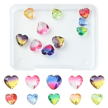 10Pcs 2 Style Faceted K9 Glass Rhinestone Cabochons, Pointed Back, Heart, Mixed Color, 7.8~10.3x8~10x4.2~5mm, 5pcs/style