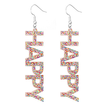 Bling Acrylic Word Happy Dangle Earrings, Platinum Plated Iron Feminism Jewelry for Women, Colorful, 87x17x2.5mm