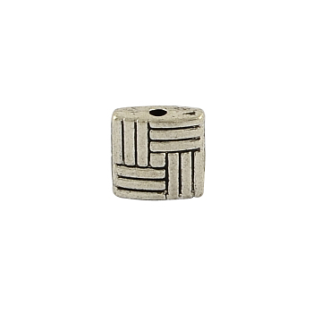 Tibetan Style Alloy Square Carved Stripes Beads, Cadmium Free & Nickel Free & Lead Free, Antique Silver, 8x8x3mm, Hole: 1mm, about 1170pcs/1000g