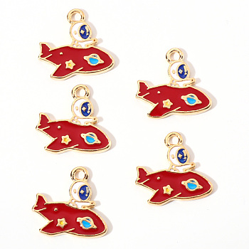 Alloy Enamel Pendants, Spaceman with Spacecraft, Light Gold, Red, 17x18.5x1.5mm, Hole: 2mm
