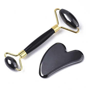 Magnetic Synthetic Hematite Facial Roller & Heart Shape Gua Sha, Facial Beauty Roller Skin Care Tools, with Light Gold Plated Brass Findings, Facial Rollers: 14.6x6.1x 2cm, Gua Sha: 8.1~8.4x5.8~6x0.7~0.8mm