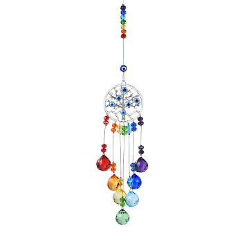Glass Suncatchers, Wind Chimes, Alloy Pendant Decorations with Resin Evil Eye, Tree, 370mm