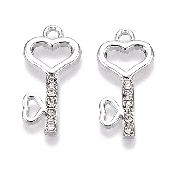 Rack Plating Alloy Pendants, with Rhinestone, Heart Key, Platinum, 21.5x10.5x1.5mm, Hole: 1.6mm