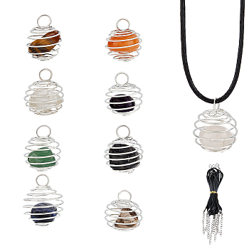 DIY Gemstone Cage Necklace Making Kit, including Iron Spiral Bead Cage Pendant with Natural Mixed Stone, Waxed Cord Necklace Making, 18Pcs/box
