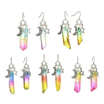 Dyed Natural Quartz Crystal Bullet Dangle Earrings, Moon & Star Alloy Long Drop Earrings, Mixed Color, 50~65x5~12mm