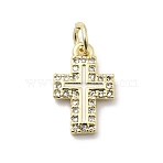 Brass Micro Pave Cubic Zirconia Pendants, Cross Charms, with Enamel and Jump Ring, Cadmium Free & Lead Free, Rack Plating, Long-Lasting Plated, Real 18K Gold Plated, White, 13.5x9x2mm, Hole: 3.4mm(KK-A278-15G-01)