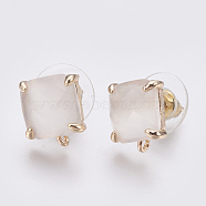 Faceted Glass Stud Earring Findings, with Loop, Light Gold Plated Brass Findings, Square, White, 11x10x5mm, Hole: 1mm, Pin: 0.8mm(GLAA-F084-C13)
