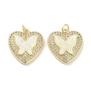 Brass Micro Pave Clear Cubic Zirconia Pendants, with Synthetic Opal and Jump Rings, Real 18K Gold Plated, Heart with Butterfly Charms, White, 18.5x18x4.5mm, Hole: 3mm(KK-L213-018G-03)