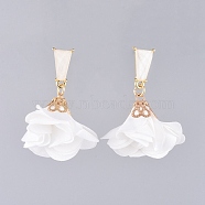 Alloy Dangle Ear Studs, with Handmade Cloth Pendant, Plastic Ear Nuts, Flower, White, 43mm, Pin: 0.7mm(EJEW-JE03914-01)