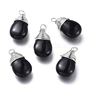 Natural Obsidian Pendants, with Platinum Plated Brass Wire, Teardrop, 24~30x13~16x8mm, Hole: 3x3.5mm(G-K305-D05-P)